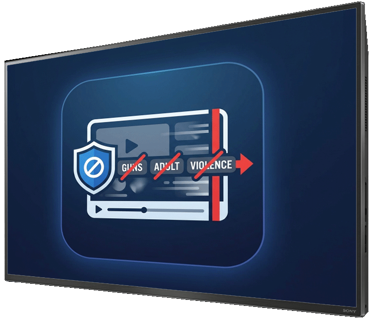 Animation showing specific keywords and topics being blocked from a television broadcast