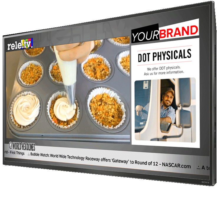 Animation showing an ad-free TV experience with custom digital signage